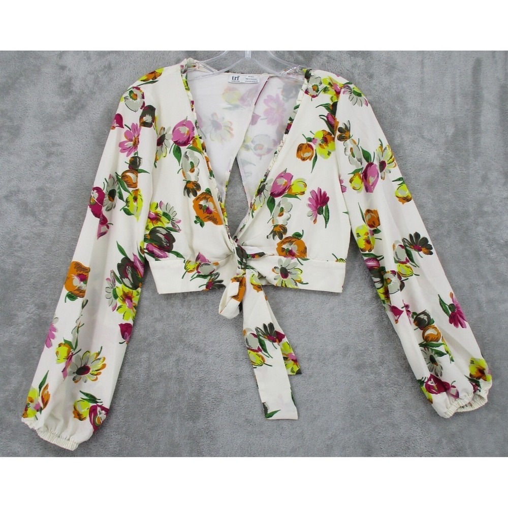 Zara Blouse Womens Medium Cottage Bohemian Floral Tie Waist Cropped‎ Y2K 90s